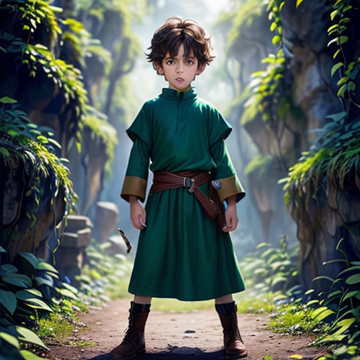 a young boy dressed in a green outfit standing in a forest with a snake in his hand and a green dress