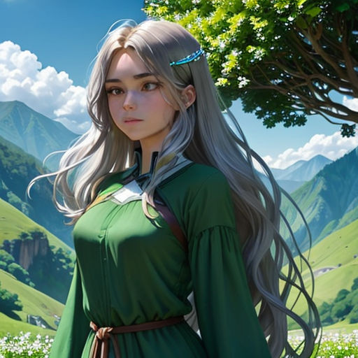 a woman in a green dress standing in a field of flowers with mountains in the background and a tree