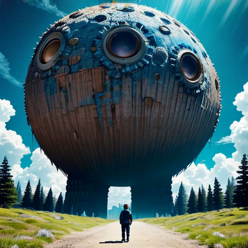 a man standing in front of a giant object in the middle of a field with trees and clouds in the background