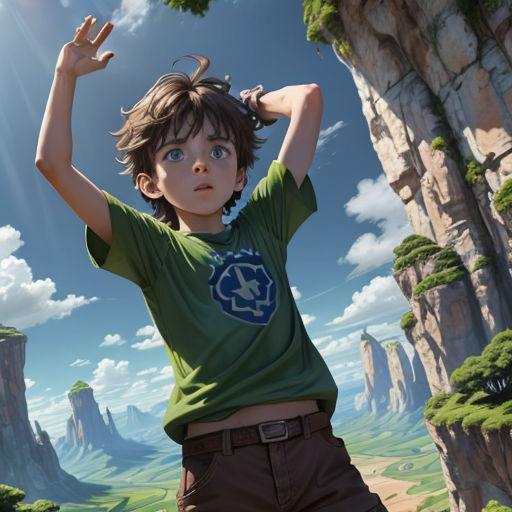 a boy standing in front of a mountain with his hands up in the air and his arms in the air