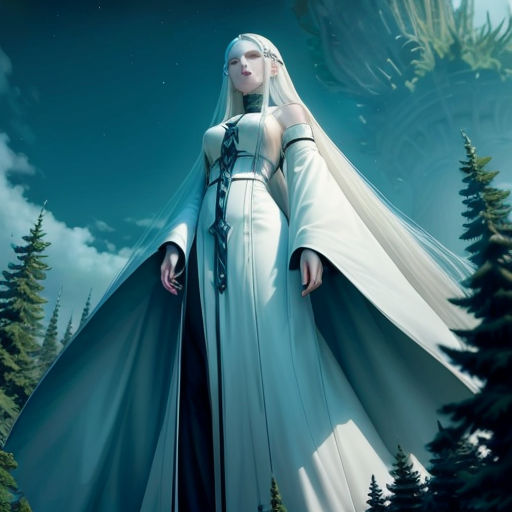 a woman in a white dress standing in the woods with trees and a full moon behind her, with a long white hair and a veil on her head