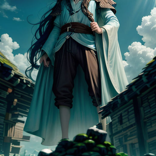 a woman in a long dress standing on a rock with a sword in her hand and a sky background
