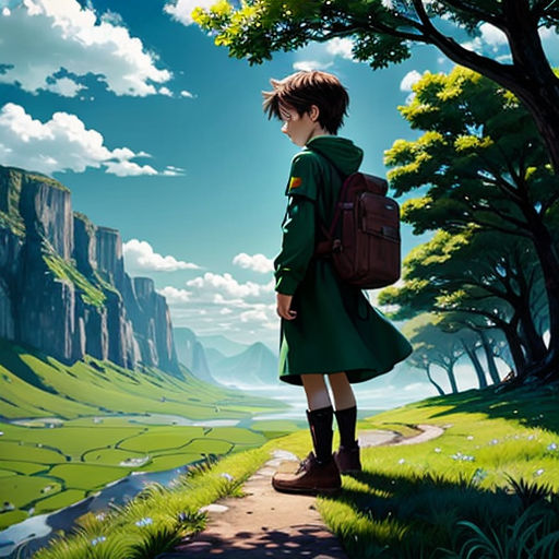 a person with a backpack looking at a mountain landscape with a river and trees in the foreground and a person standing on a path
