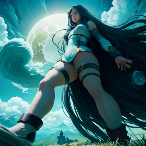 a woman in a costume is standing in the grass with her hair blowing in the wind and a full moon behind her