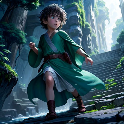 a young boy dressed in a green outfit is running through a forest with steps and a waterfall in the background