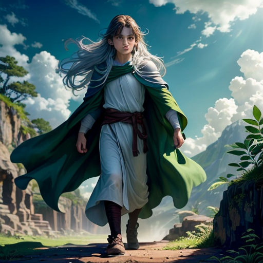 a woman in a green cape walking down a path with a green cloak on her head and a green cape on her shoulders