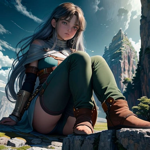a woman sitting on a rock with a sword in her hand and a mountain in the background with clouds