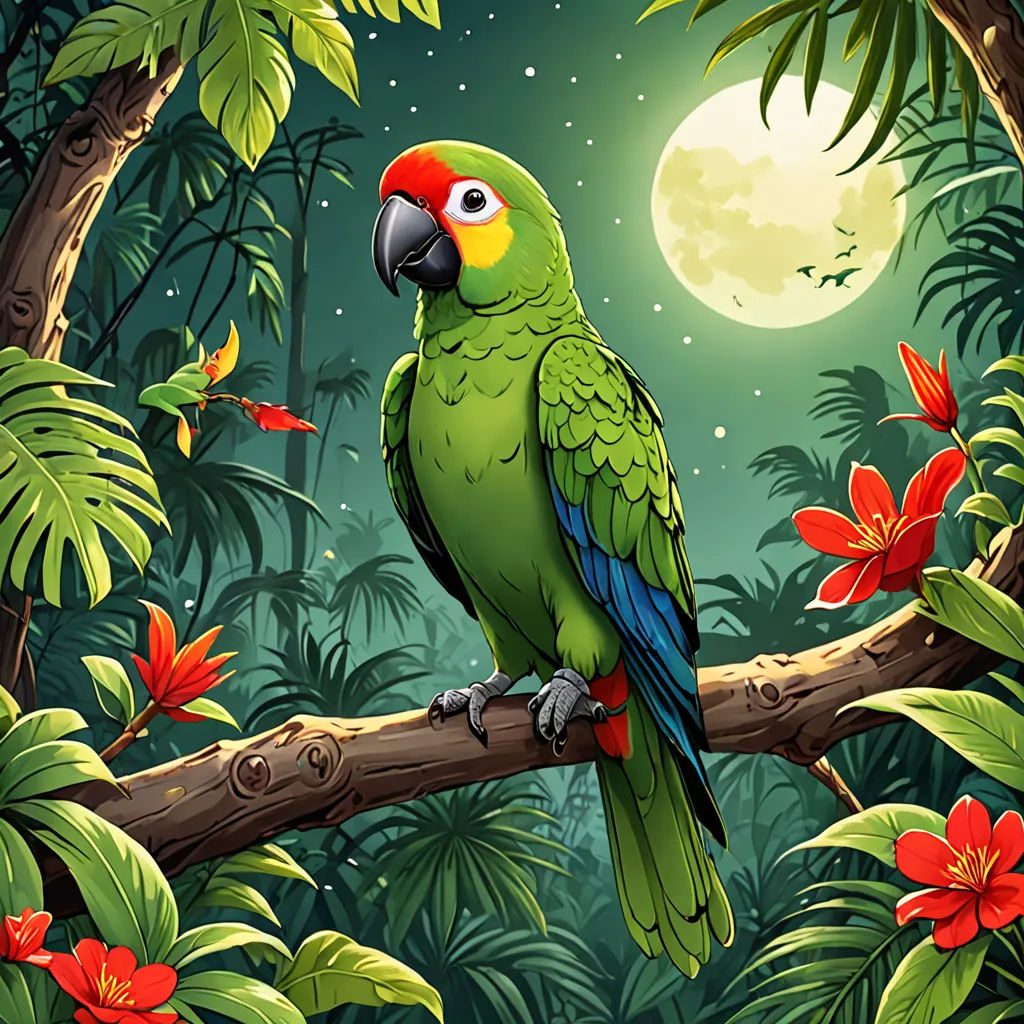 a parrot sitting on a branch in a tropical forest with flowers and a full moon in the background with a full moon in the sky, Chris LaBrooy, fantasy art, a storybook illustration, highly detailed digital painting