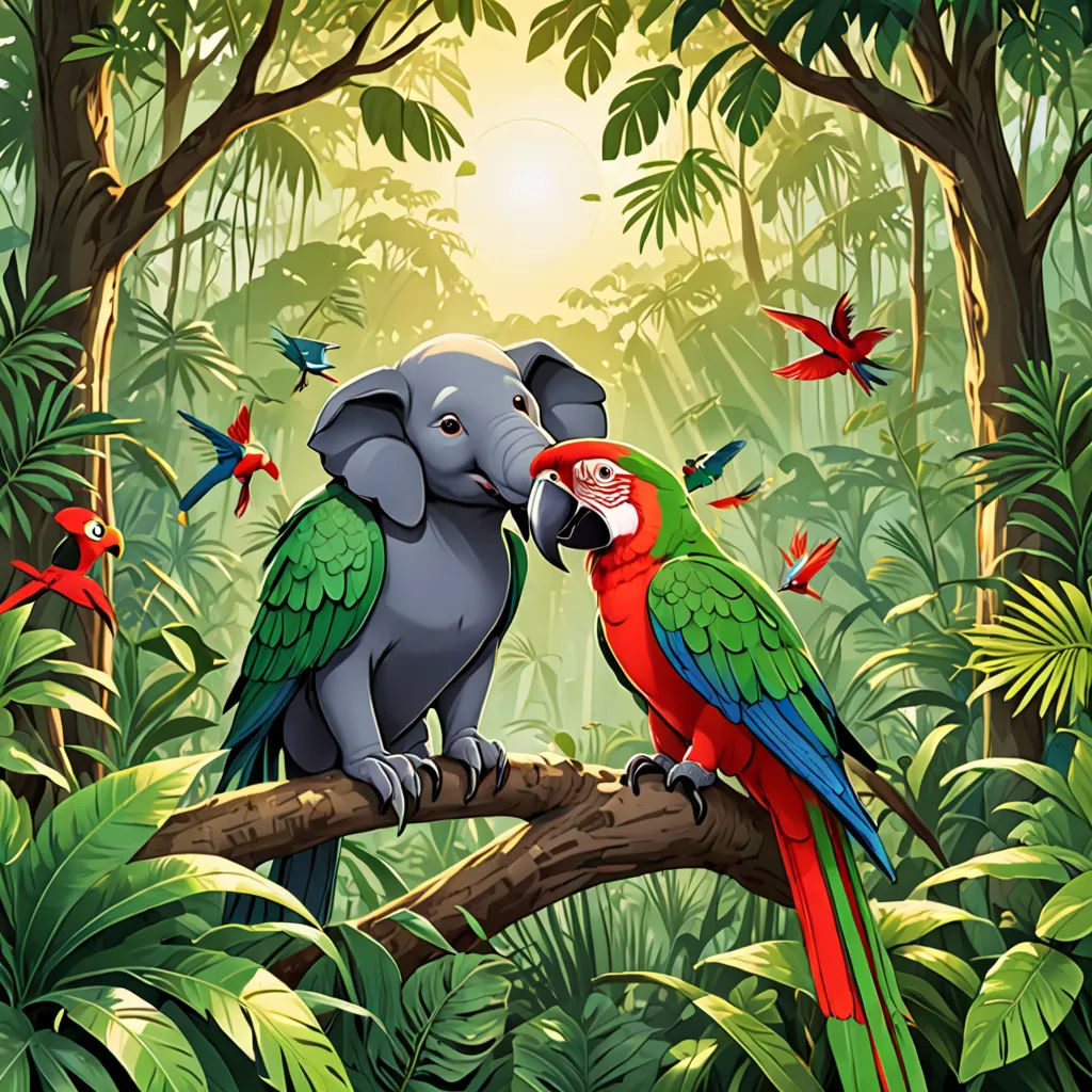two parrots are sitting on a branch in the jungle with a elephant in the background and birds in the foreground, Chris LaBrooy, naive art, a storybook illustration, jungle