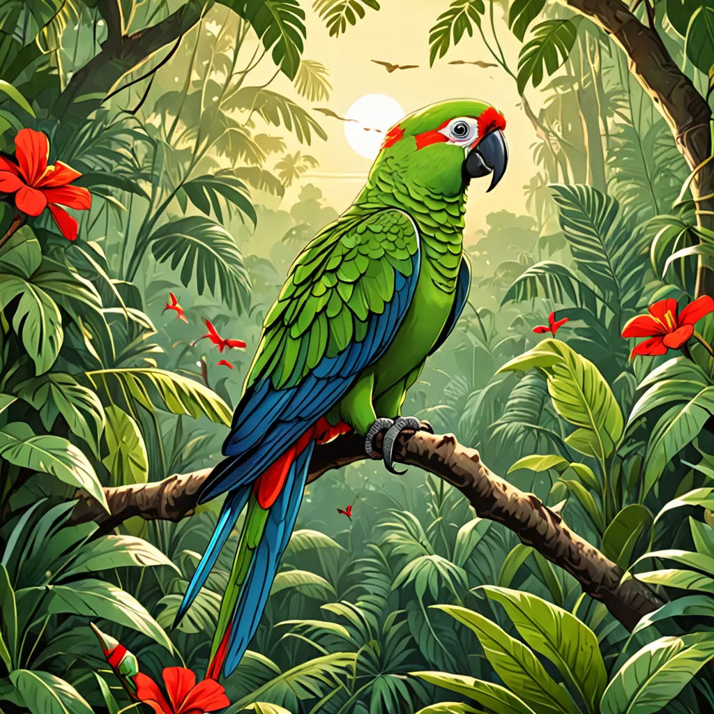 a parrot sitting on a branch in a tropical forest with red flowers and green leaves and a sun in the background, Chris LaBrooy, fantasy art, a digital painting, highly detailed digital painting