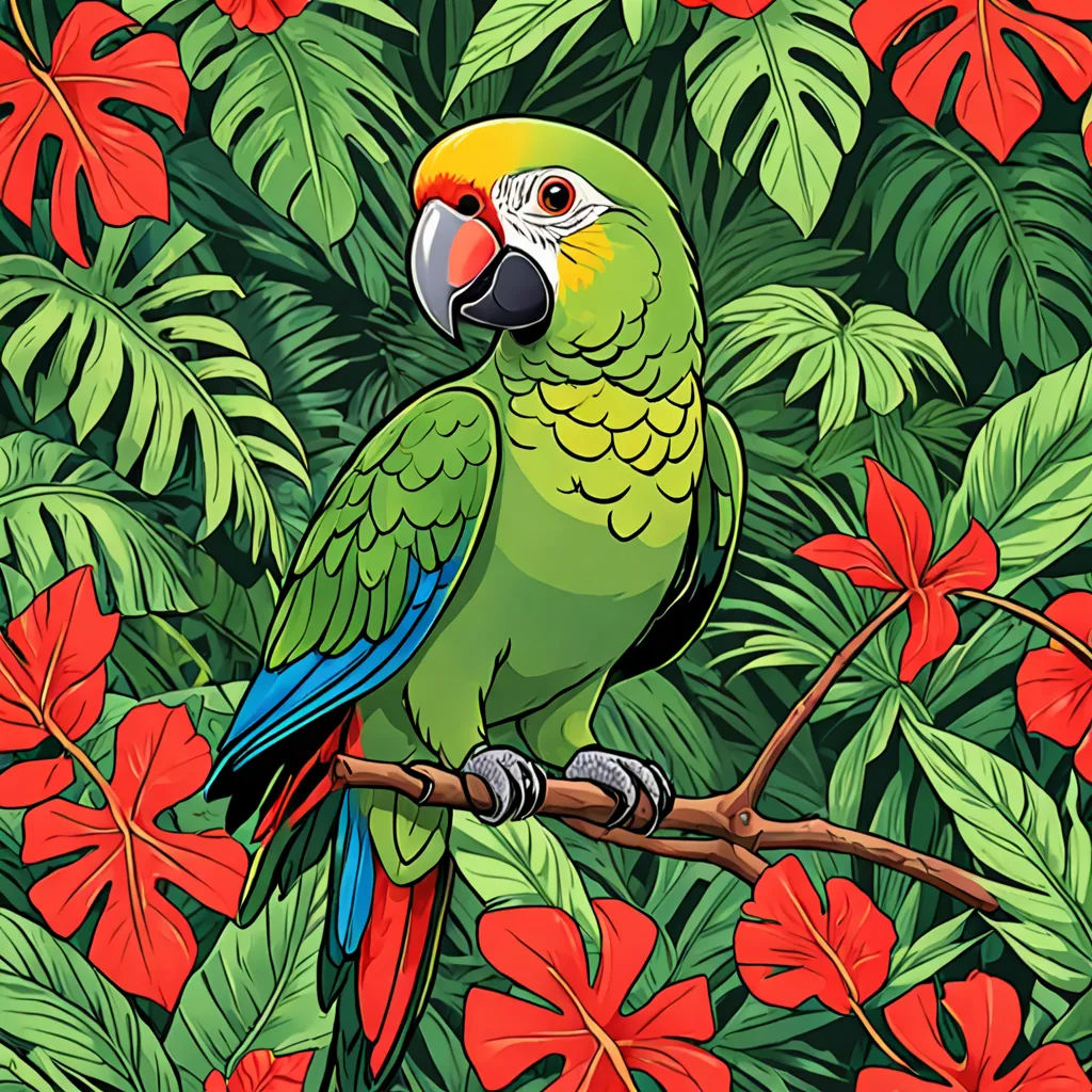 a parrot sitting on a branch in a tropical forest with red flowers and leaves on a green background with red flowers, Chris LaBrooy, psychedelic art, digital art, highly detailed digital art