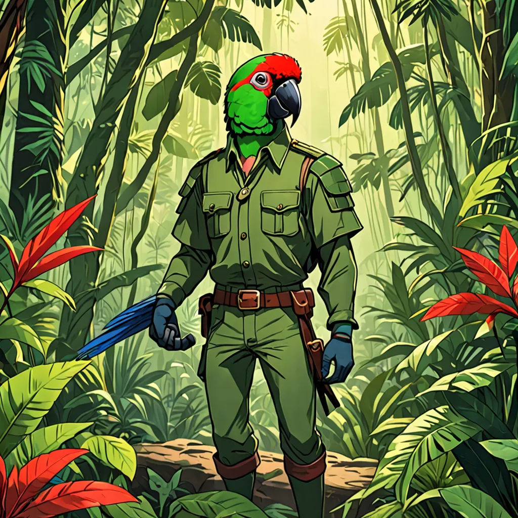 a man in a jungle with a parrot on his head and a parrot on his shoulder, holding a knife, Chris LaBrooy, serial art, a character portrait, jungle