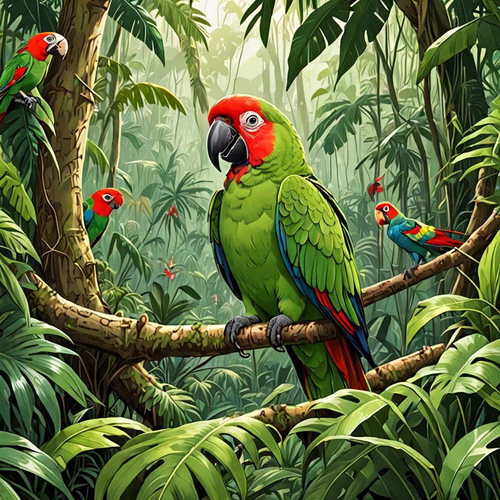 a painting of a parrot sitting on a branch in a jungle with many other birds around it and a jungle background, Chris LaBrooy, fantasy art, a digital painting, highly detailed digital painting