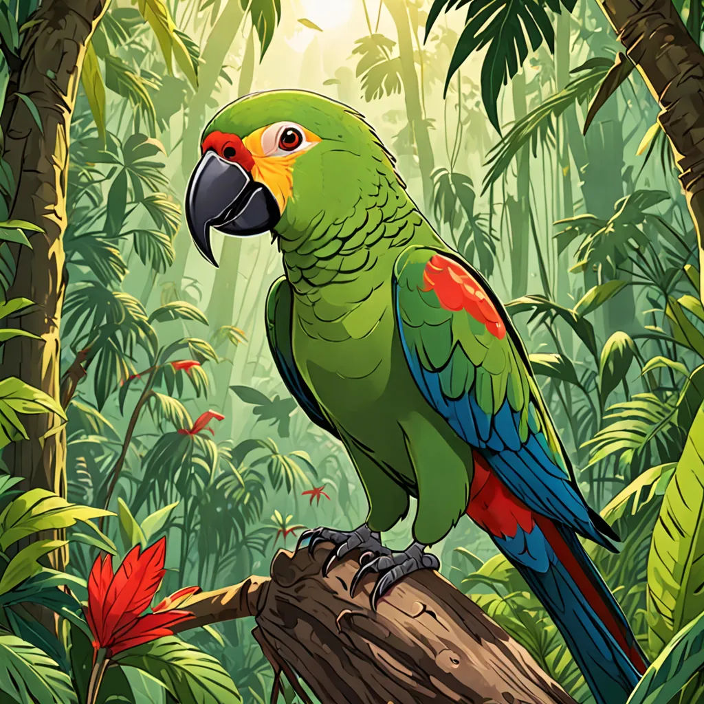 a parrot sitting on a tree branch in a jungle with tropical plants and flowers around it, with a sunbeam in the background, Chris LaBrooy, serial art, a comic book panel, high detail illustration