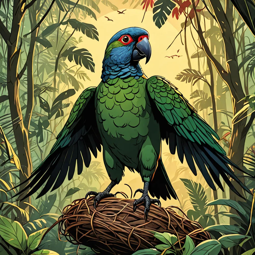 a green parrot sitting on top of a nest in a forest filled with trees and plants, with its wings spread wide open, Chris LaBrooy, primitivism, an illustration of, high detail illustration