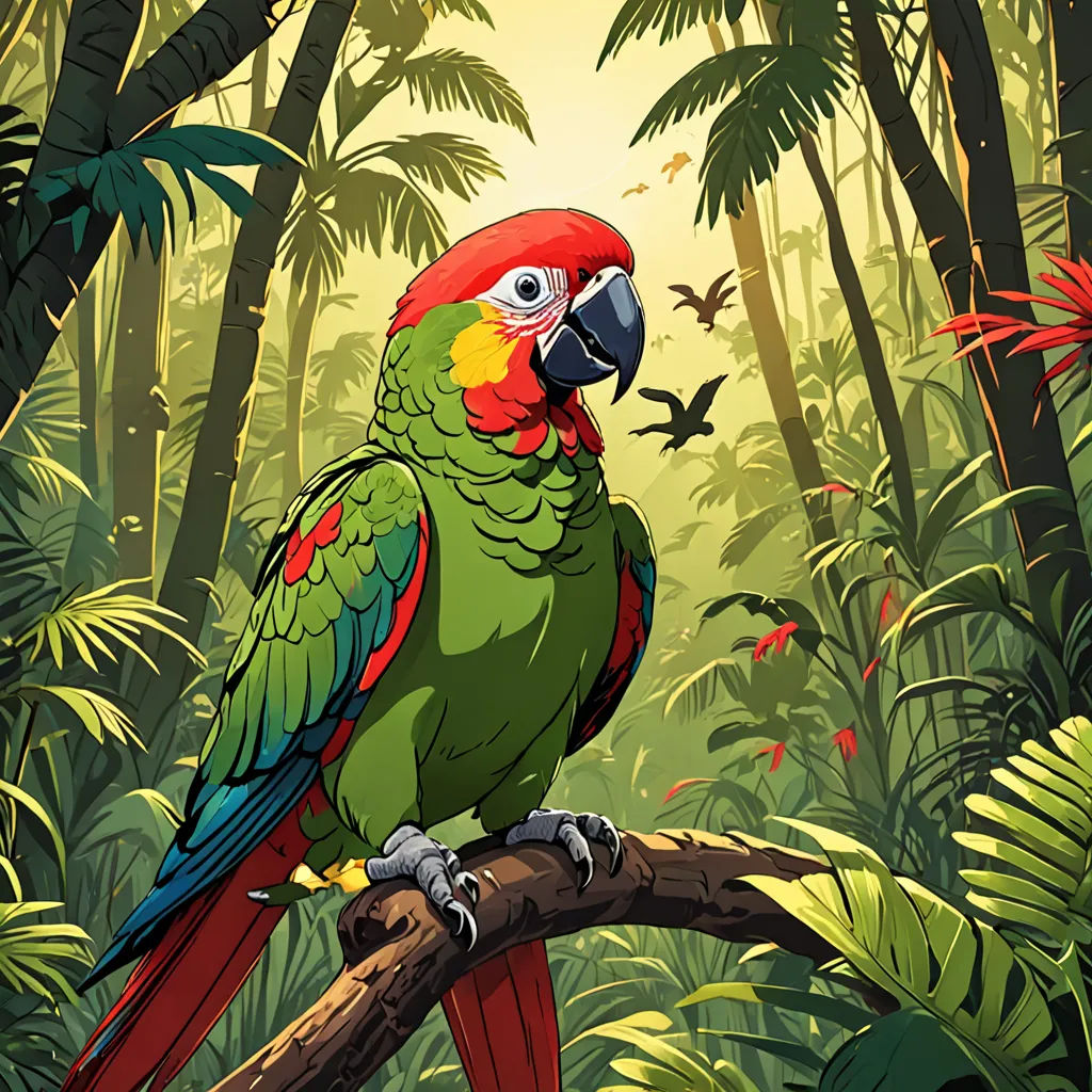 a parrot sitting on a branch in a tropical forest with birds flying overhead and a sunlit background with palm trees, Chris LaBrooy, fantasy art, a comic book panel, highly detailed digital painting