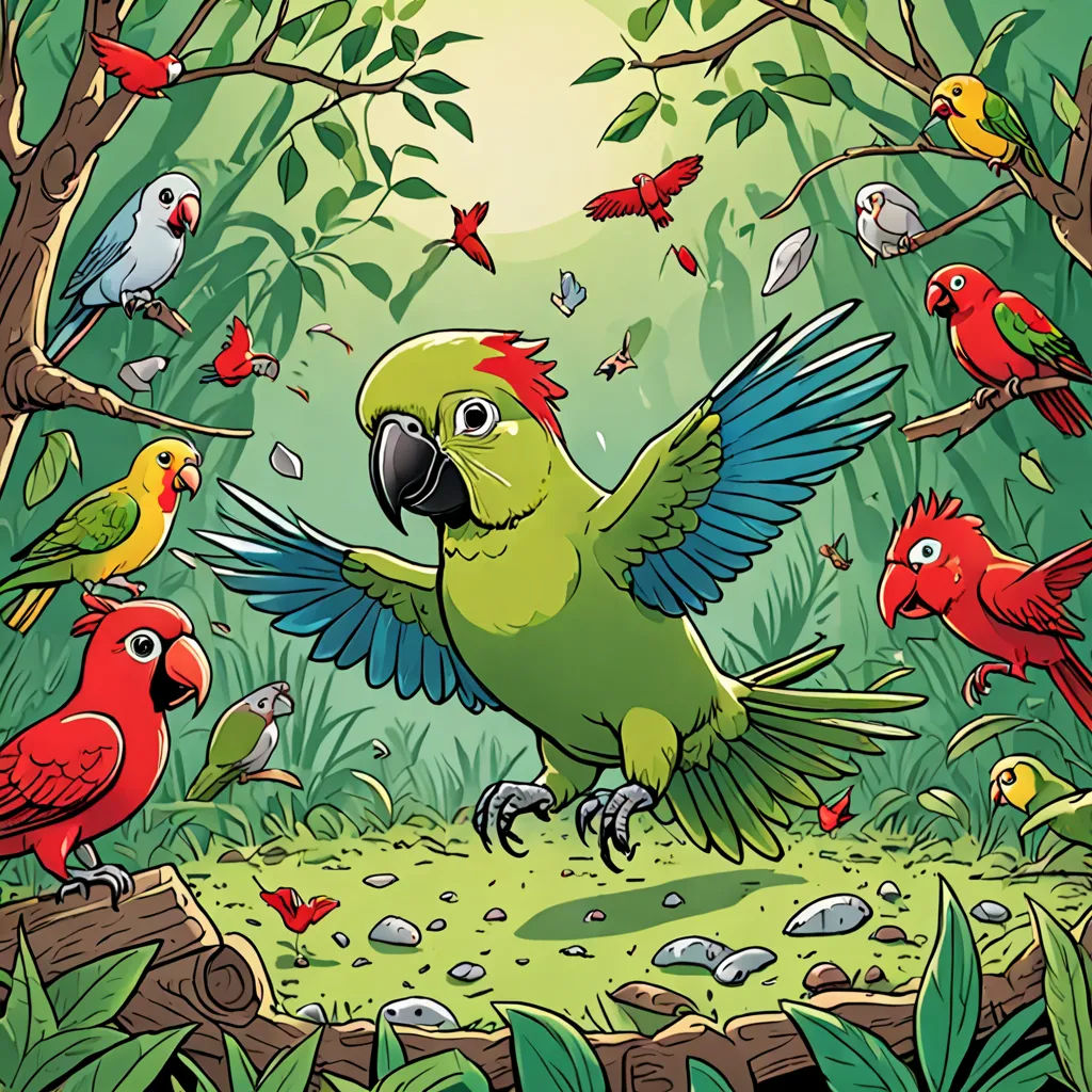 a green parrot with many colorful birds around it in a jungle setting with a sunlit background and lots of leaves, Chris LaBrooy, fantasy art, a storybook illustration, comic cover art