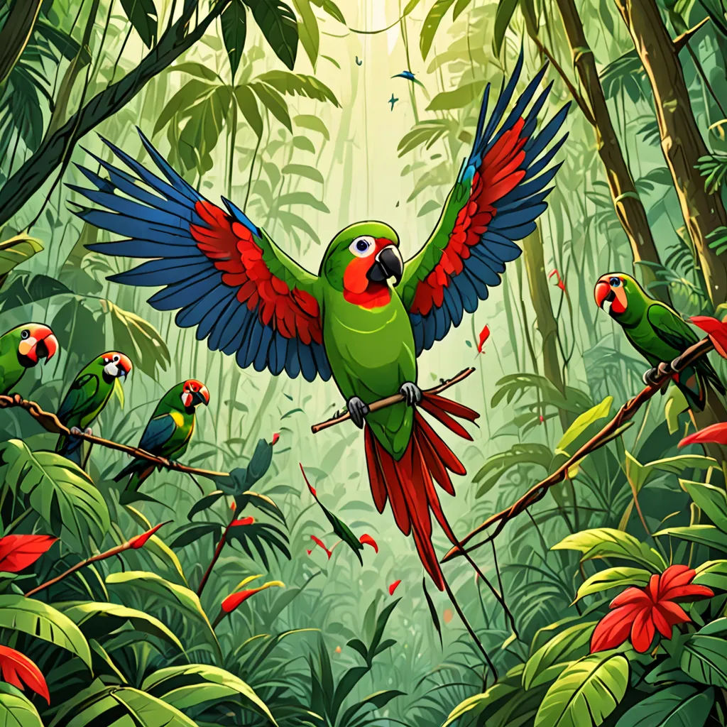 a painting of a parrot flying in the air over a forest filled with tropical plants and flowers with a sunbeam in the background, Chris LaBrooy, psychedelic art, a storybook illustration, highly detailed digital painting