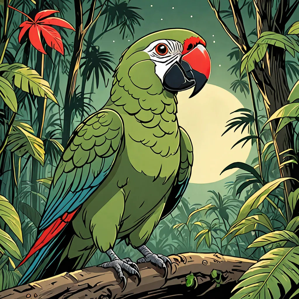 a green parrot sitting on a branch in a jungle with a full moon in the background and a red and white beak, Chris LaBrooy, private press, an illustration of, high detail illustration
