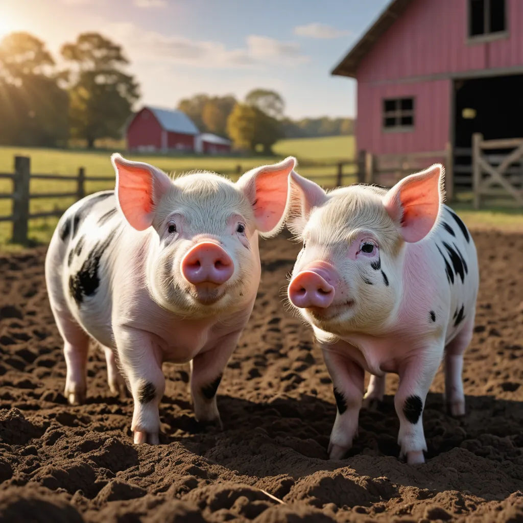 two pigs standing in the dirt near a barn and a fence with a pink building in the background and a red barn, incoherents, a jigsaw puzzle, Clovis Trouille, animal photography