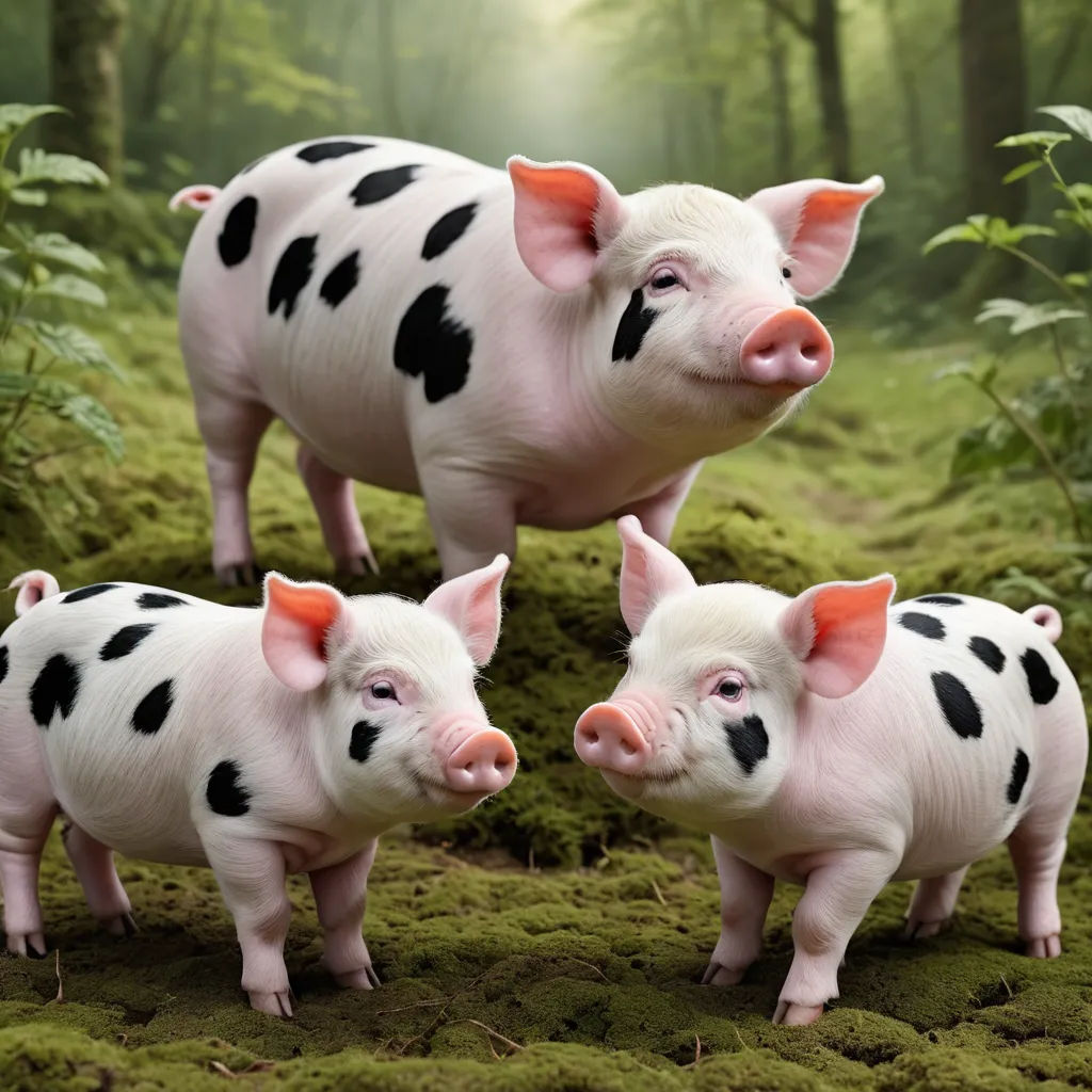 three little pigs standing in the grass in a forest with trees and bushes behind them, with a green background, magical realism, a jigsaw puzzle, Clovis Trouille, animal photography