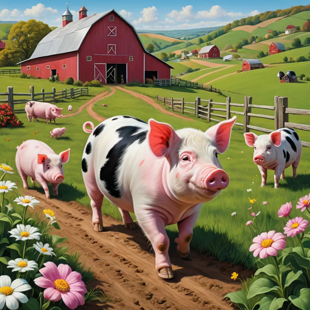 a painting of a pig and her two babies in a farm field with flowers and a barn in the background, american scene painting, a storybook illustration, David Young Cameron, highly detailed digital painting