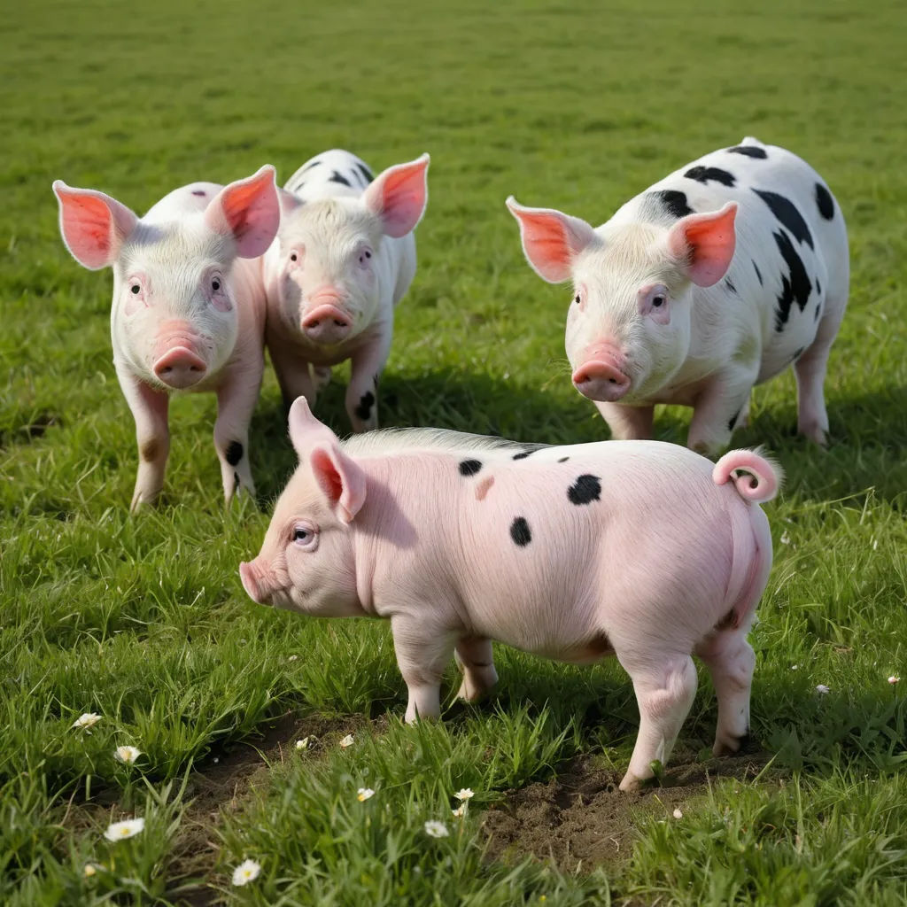 three pigs standing in a field of grass with a black dot on their face and a white spot on their body, precisionism, a jigsaw puzzle, Clovis Trouille, animal photography