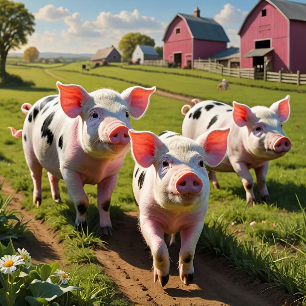 three pigs are walking in a field with a barn in the background and daisies in the foreground, photorealism, a storybook illustration, Clovis Trouille, award - winning photography