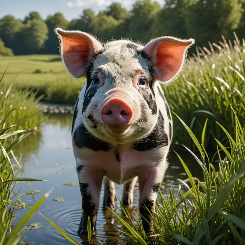 a small pig standing in a body of water near a field of grass and trees with a sky background, art photography, a stock photo, Andries Stock, animal photography