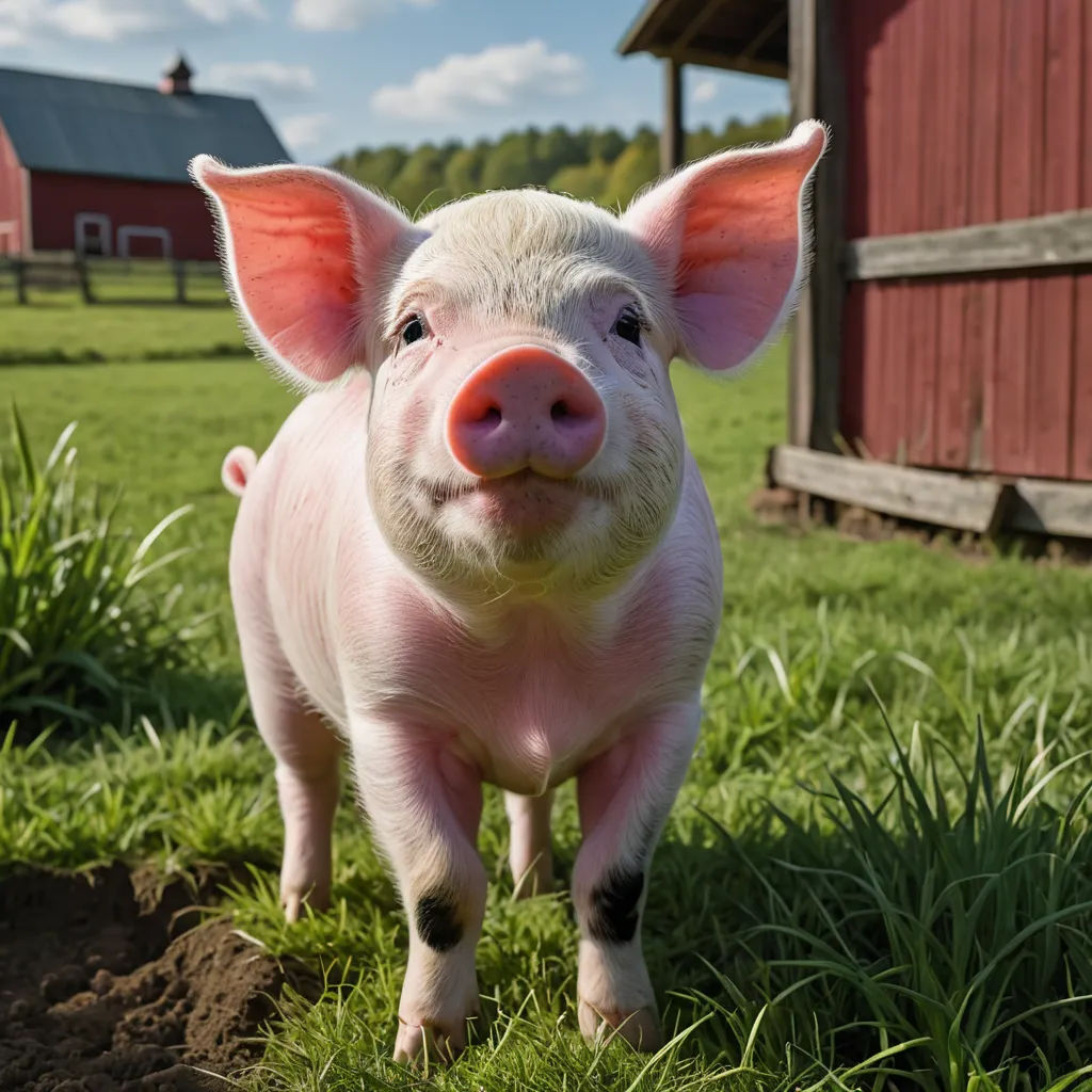 a pig standing in the grass near a barn and a barn building with a red roof and a red door, superflat, a stock photo, Clovis Trouille, animal photography