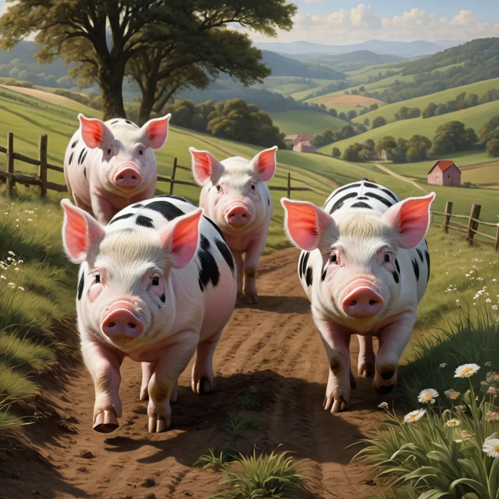 a group of pigs walking down a dirt road next to a field of flowers and trees with a fence, fantastic realism, a photorealistic painting, Brian Despain, highly detailed digital painting