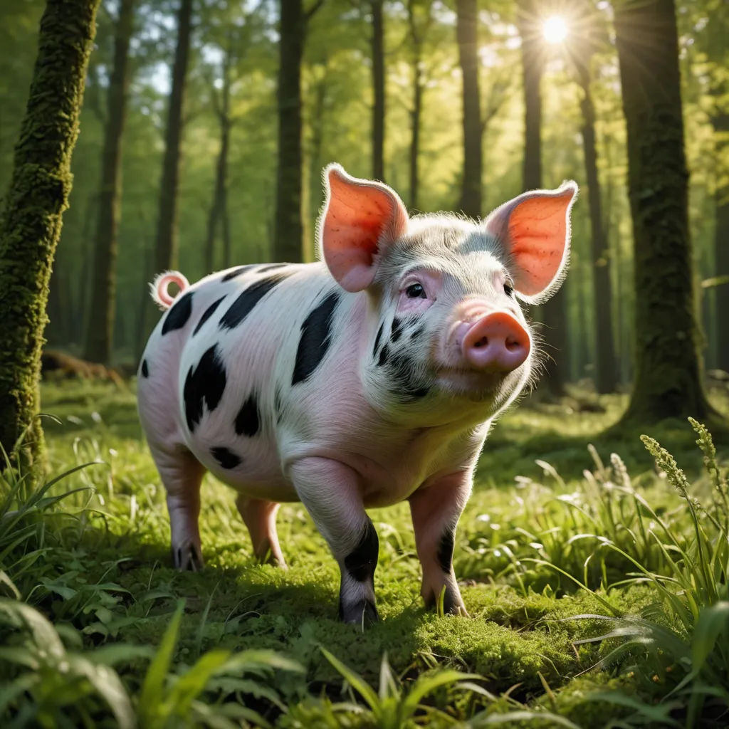 a pig standing in the middle of a forest with trees in the background and sunlight shining through the trees, photorealism, a photorealistic painting, Clovis Trouille, animal photography