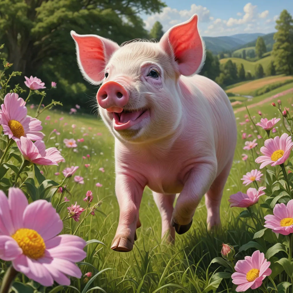 a pig running through a field of flowers with a sky background and a pink flower in the foreground, fantastic realism, a storybook illustration, David Young Cameron, highly detailed digital painting