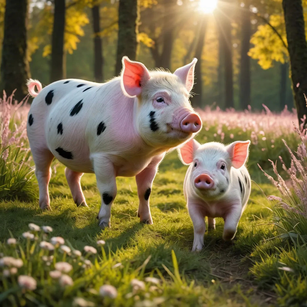 two pigs standing in a field of grass with trees in the background and pink flowers in the foreground, art photography, a photorealistic painting, Elke Vogelsang, animal photography