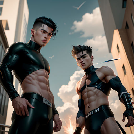 two men in black leather outfits standing in front of a building with a sky background and clouds in the background