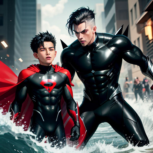 two men in black and red costumes standing in the water with a city in the background and a red cape