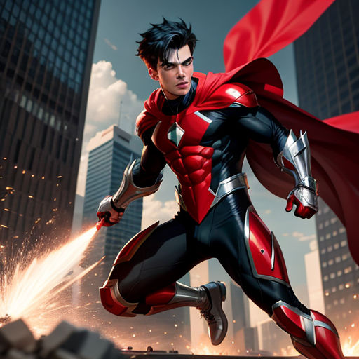 a man in a red and black suit running through a city with a red cape on his head and a red cape on his head