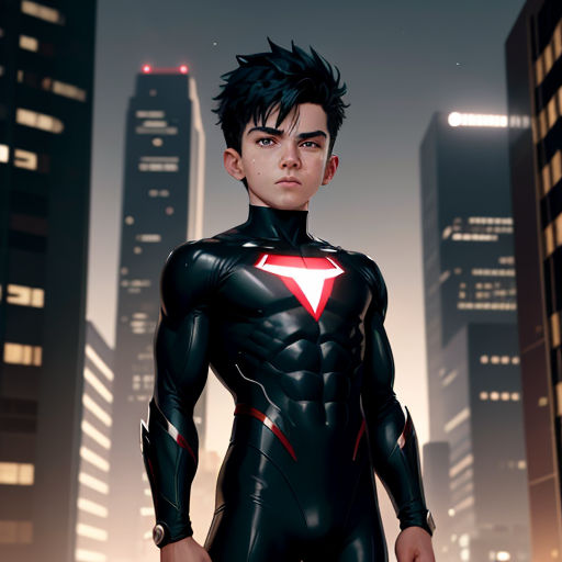 a man in a black suit with a red superman symbol on his chest and a city skyline in the background