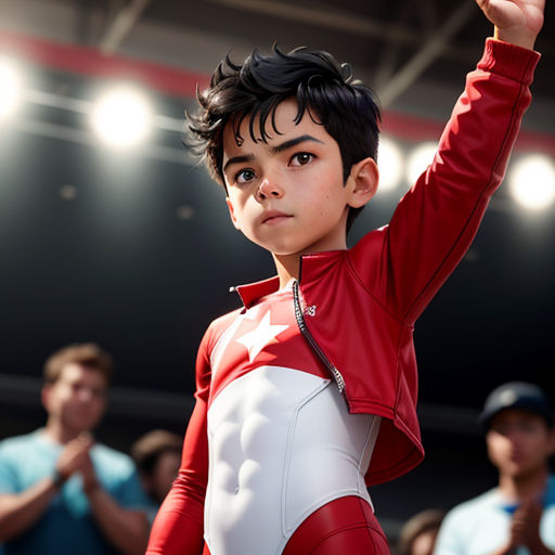 a young boy in a red and white suit is waving to the crowd while wearing a red and white suit