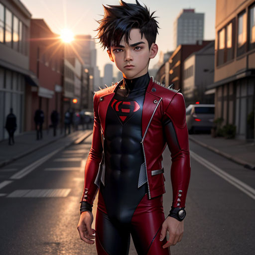 a man in a red and black suit standing on a street with a city in the background at sunset