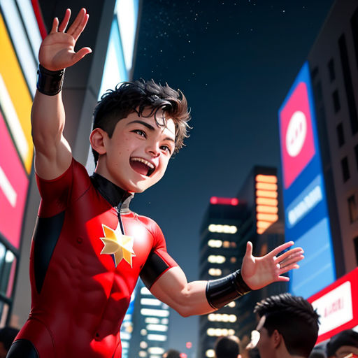 a cartoon character is waving in the city at night time, with a crowd of people in the background