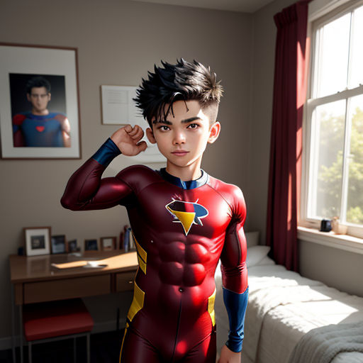 a boy in a red and yellow costume standing in a bedroom next to a bed and a desk with a computer on it