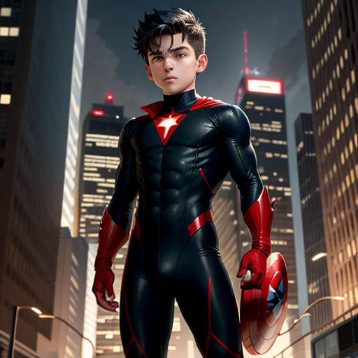 a man in a suit standing in a city at night with a red light on his chest and a red glove on his hand