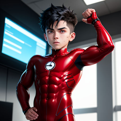 a man in a red suit is posing for a picture in a room with a big screen in the background