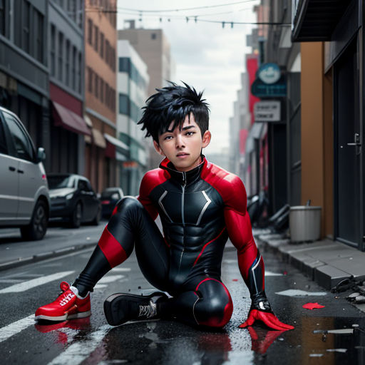 a man in a black and red suit sitting on the ground in the street with his feet on the ground