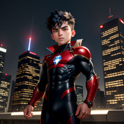 a man in a suit standing in front of a city at night with skyscrapers in the background and a red and black suit