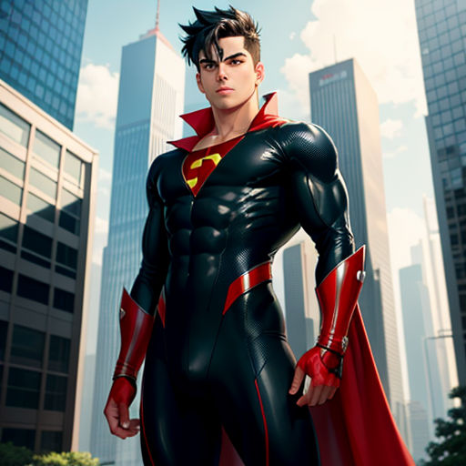 a man in a superman suit standing in front of a cityscape with skyscrapers in the background