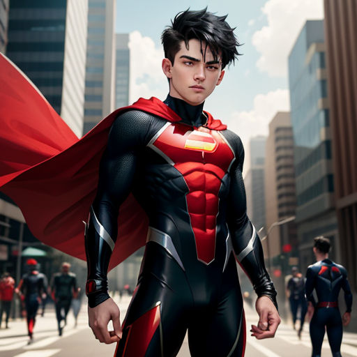 a man in a superman suit is standing in the street with a red cape on his head and a red cape on his chest