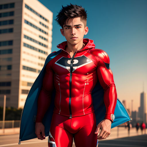 a man in a red suit with a blue cape and a red suit with a black hoodie and a blue bag