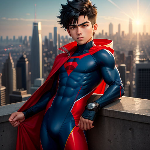 a man in a superman costume standing on a ledge with a city in the background and a sun setting
